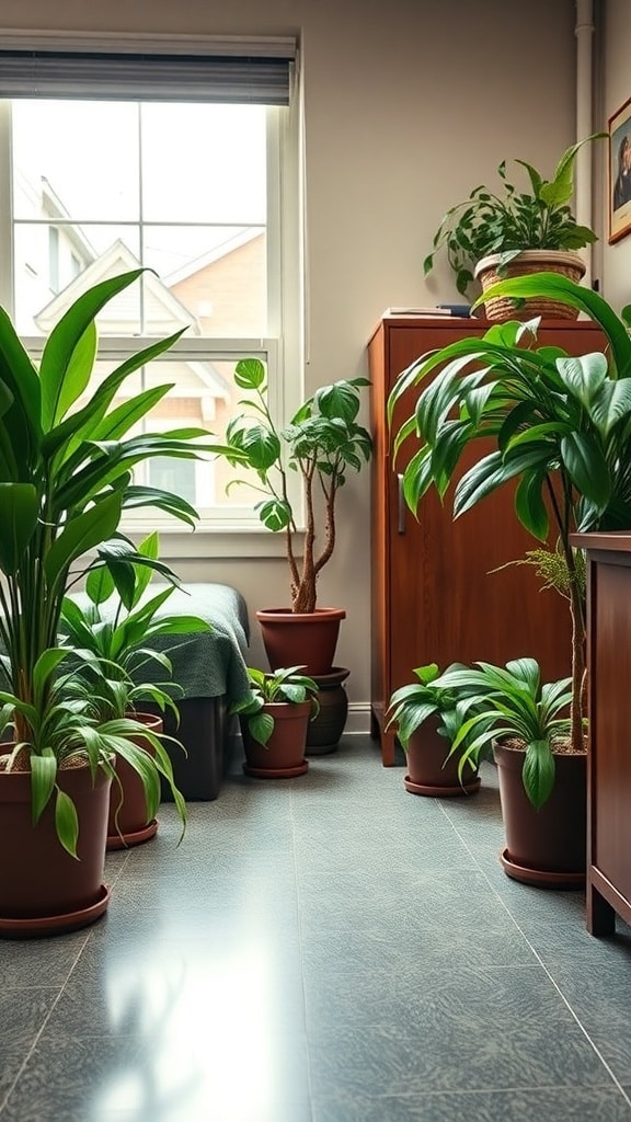 A cozy dorm room with various plants in chocolate brown pots, showcasing a warm and inviting atmosphere.
