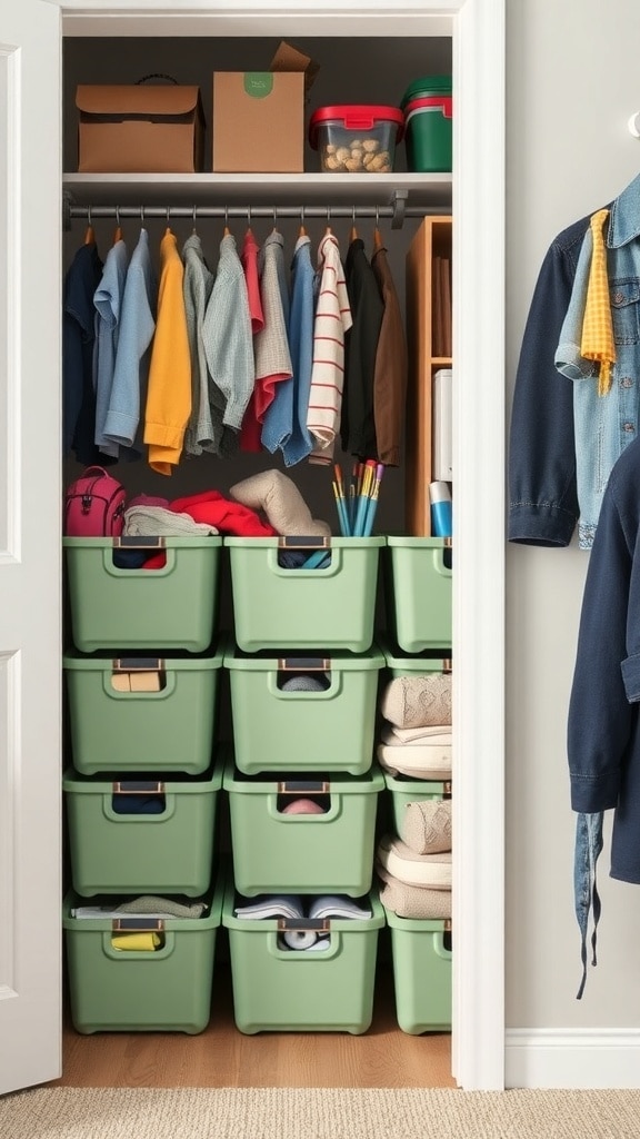 Organized closet with sage green storage bins stacked neatly