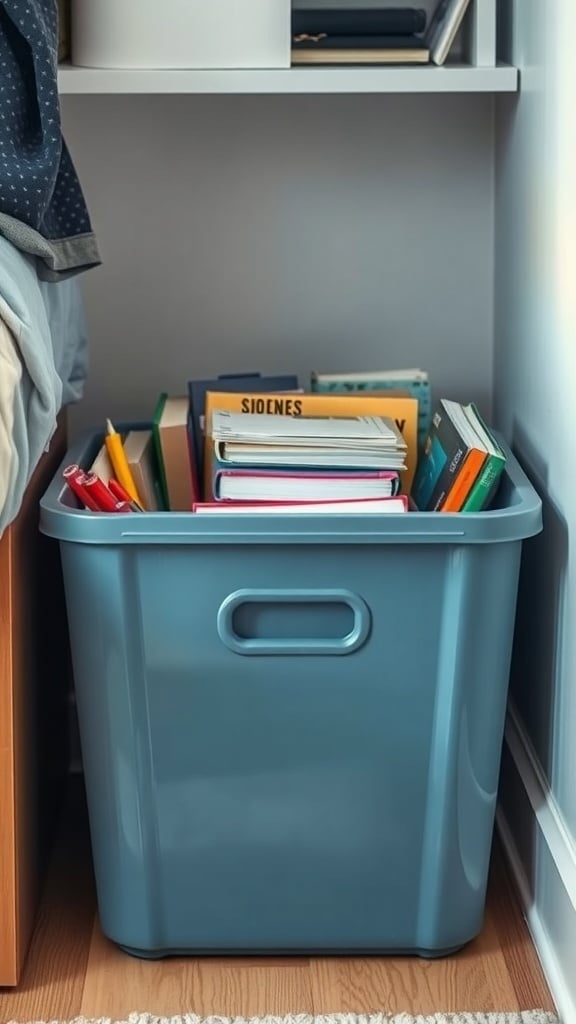 A slate blue storage bin filled with books beside a bed in a dorm room.