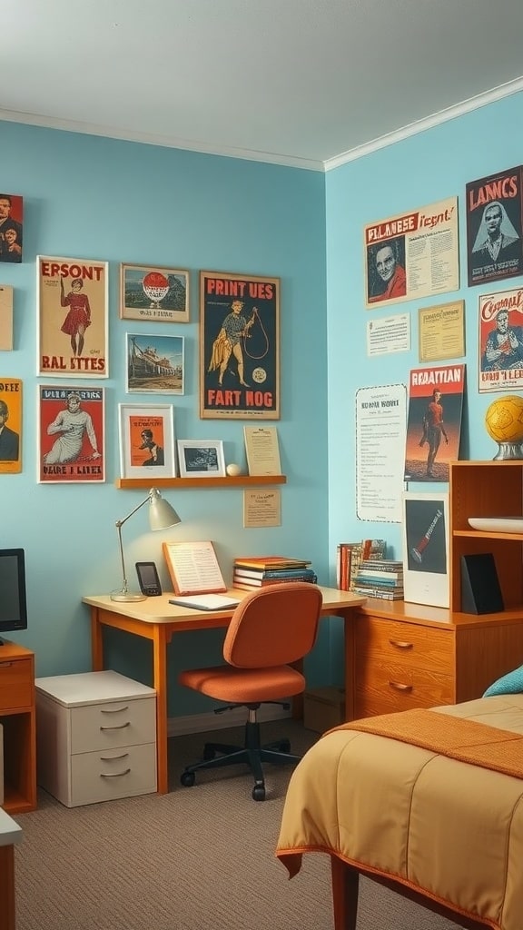 A dorm room with a light blue accent wall and retro posters, featuring a desk with a lamp and books, and an orange chair.