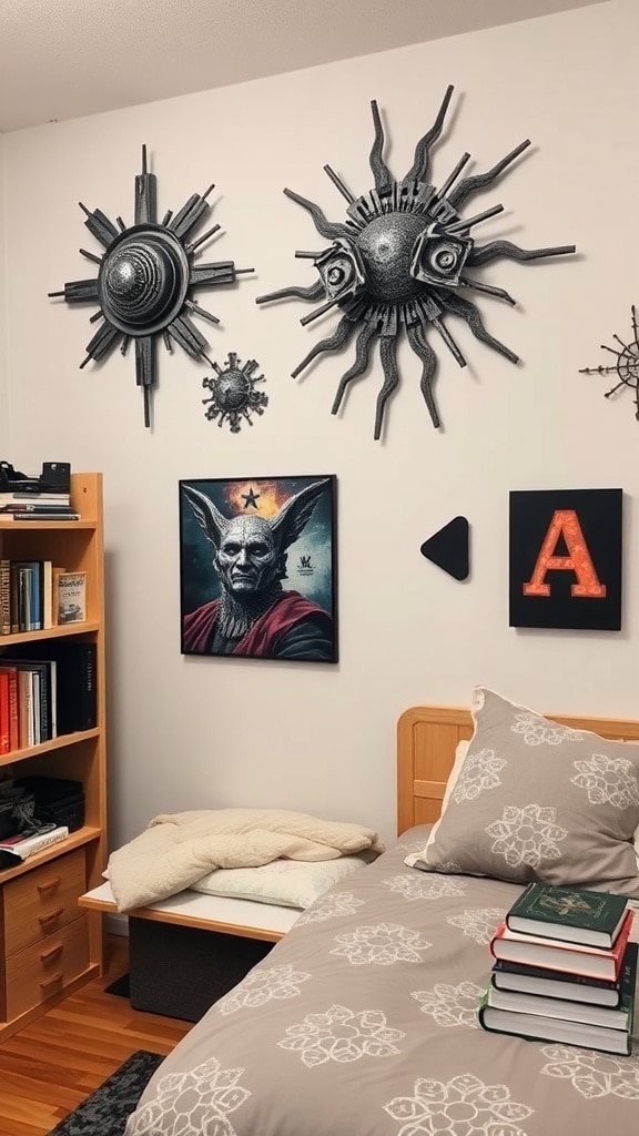 An industrial-style dorm room wall featuring metallic art pieces and a portrait.