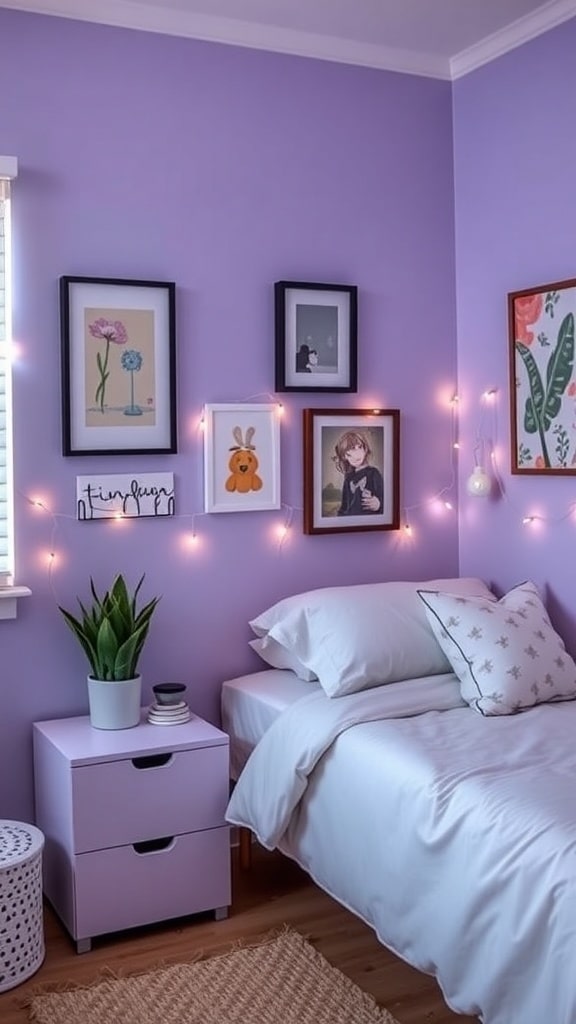A cozy dorm room with a lavender accent wall, framed artwork, fairy lights, and a potted plant.