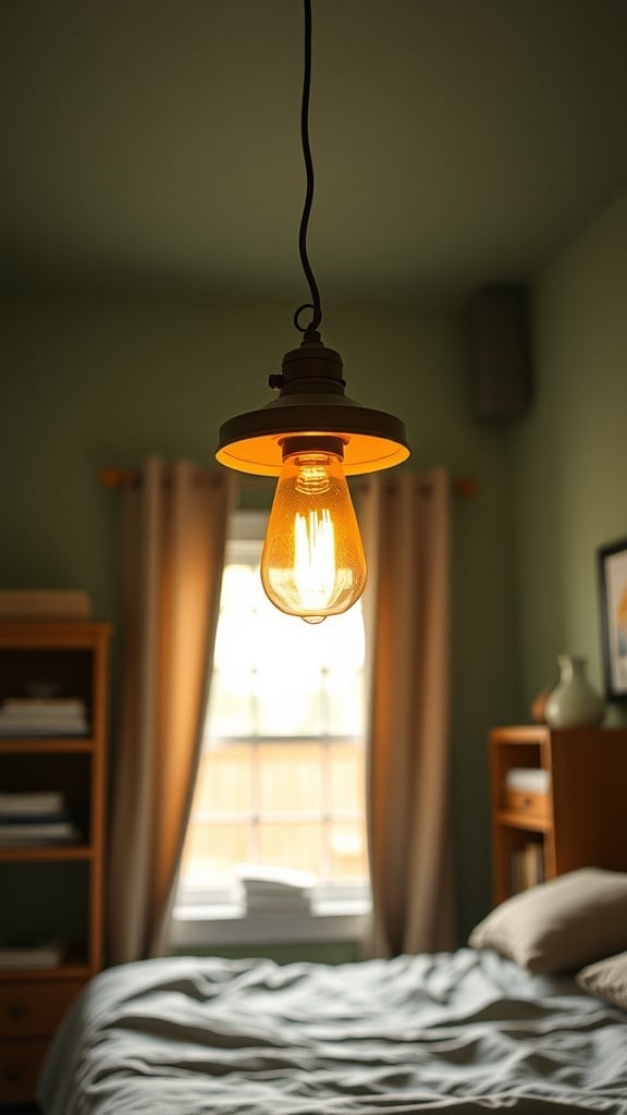 A rustic pendant light hanging in a cozy room with olive green walls and a bed