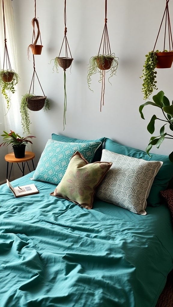 Bohemian style dorm room with emerald green bedding and hanging plants