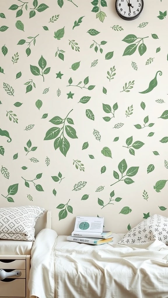 Wall with sage green leaf decals in a dorm room
