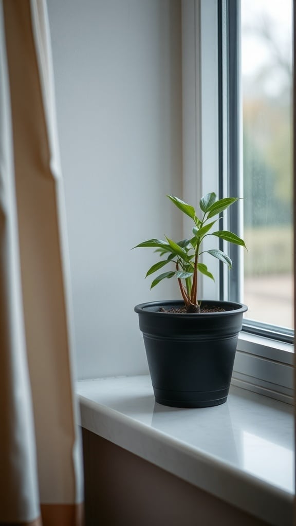 A small green plant in a black pot on a windowsill