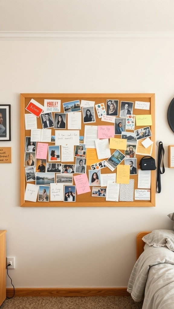 A bulletin board filled with photos, notes, and colorful sticky notes in a dorm room.