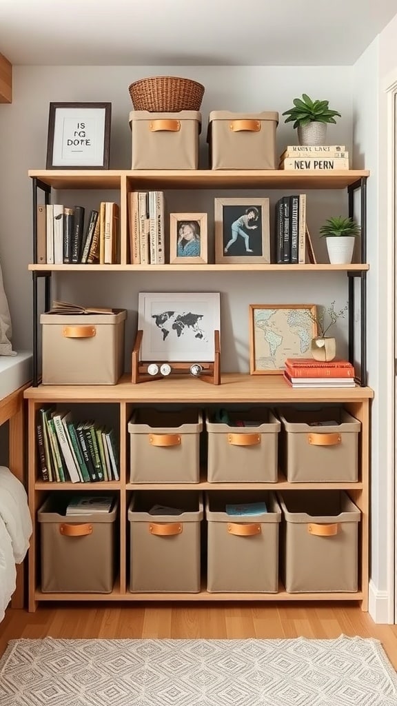 Stylish shelving unit with taupe storage bins, books, and personal photos in a dorm room.