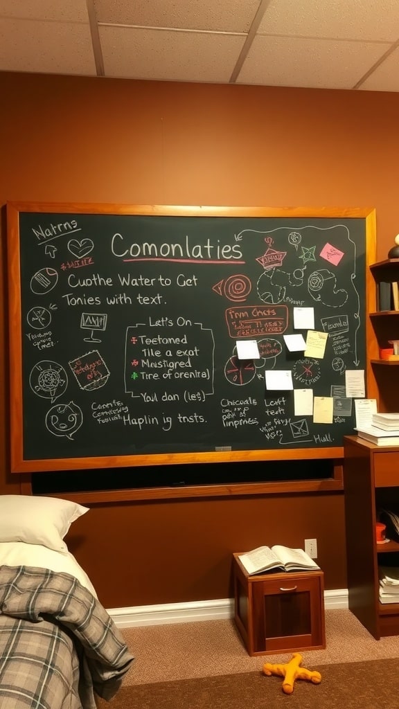 A chalkboard wall filled with colorful notes and doodles in a dorm room.