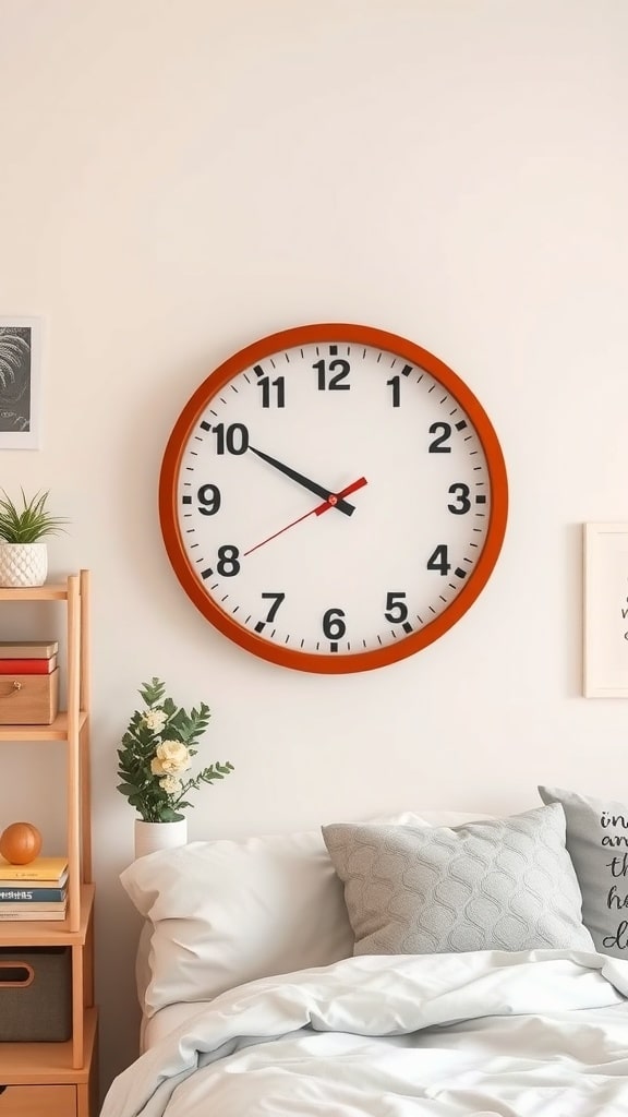 A large rust orange wall clock on a light wall above a bed with gray bedding and a wooden shelf.