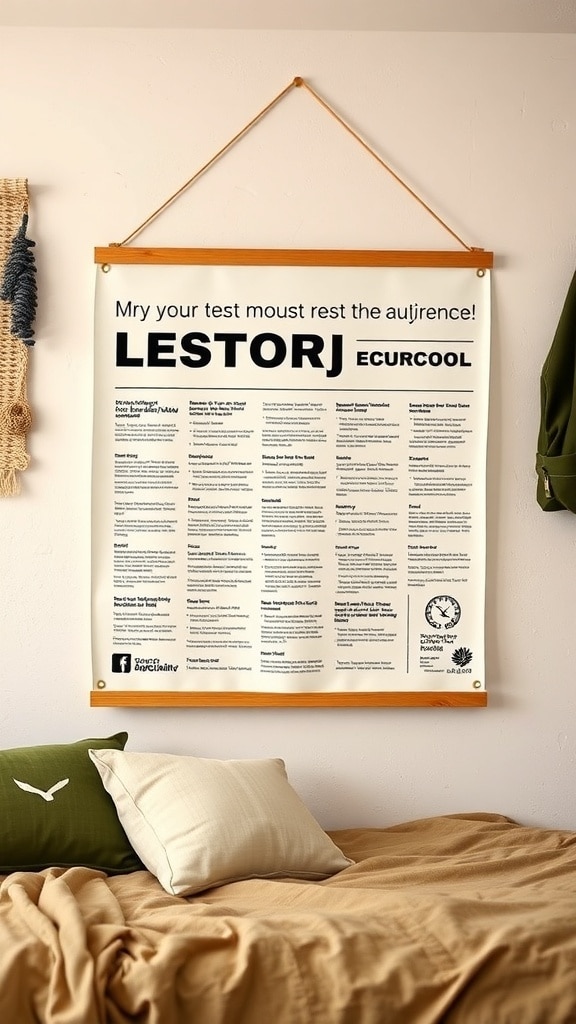 A personalized photo display in a dorm room featuring a large poster and cozy bedding.