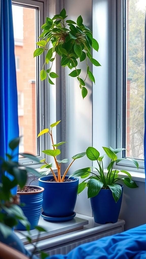 A collection of indigo plant pots with various plants on a windowsill.
