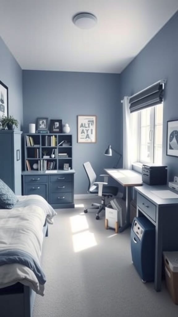 A cozy study nook in an indigo-themed dorm room with a desk, chair, and shelves.