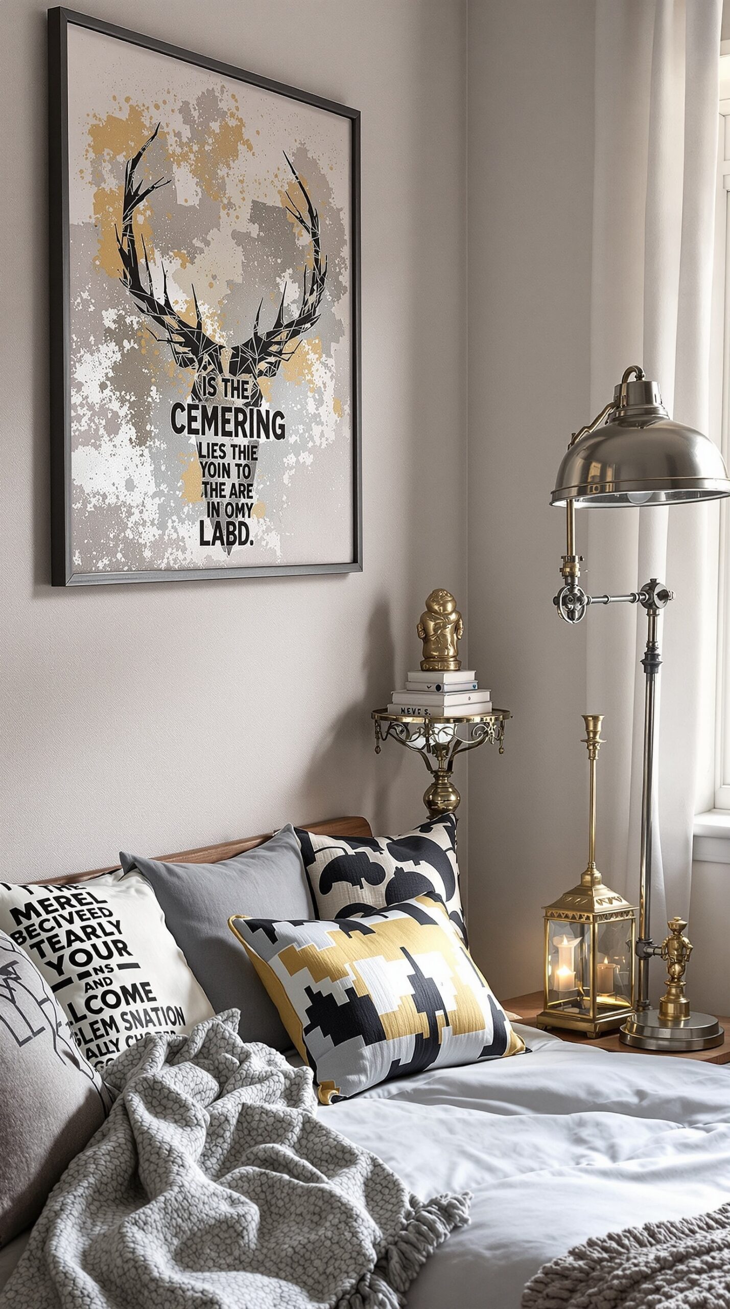 A cozy dorm room with metallic accents, featuring a bed, desk, and decorative items.