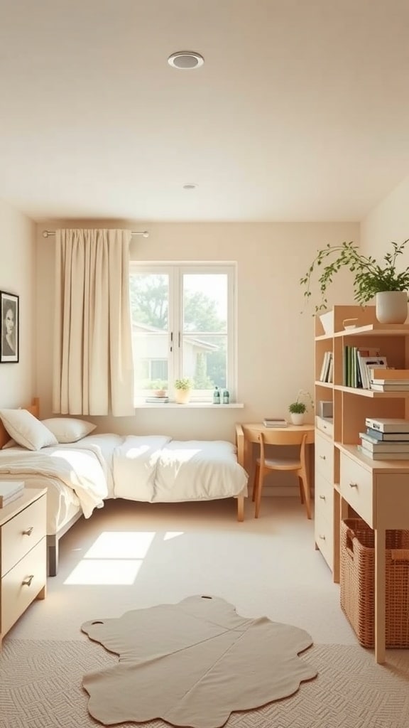 A cozy dorm room featuring a beige and cream color palette with light wood furniture and plants.