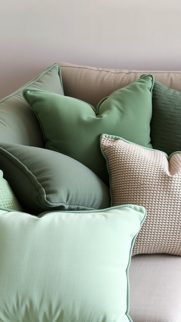 A collection of sage green throw pillows in various shades and textures arranged on a couch.