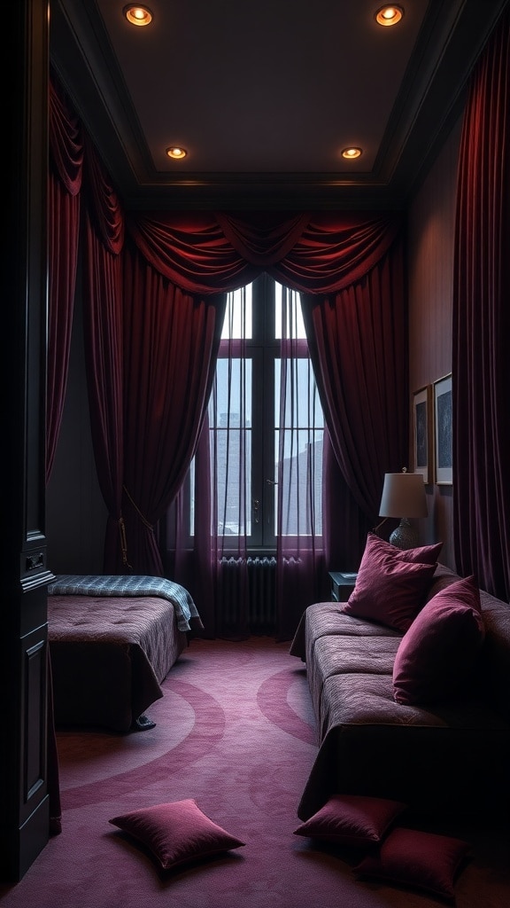 A dark dorm room featuring rich velvet textiles in deep burgundy and purple, with plush curtains, bedding, and scattered pillows.