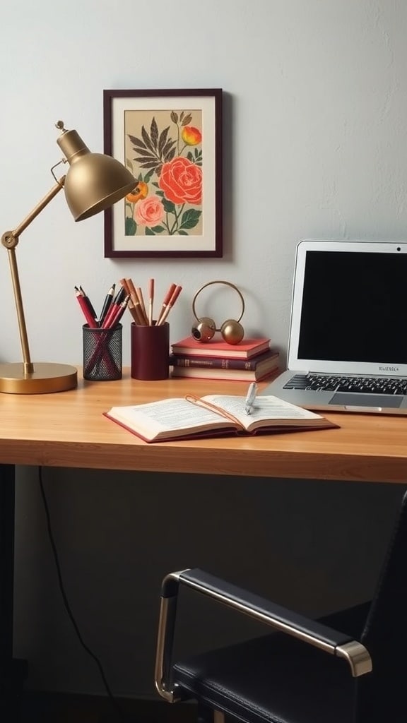 A stylish desk setup featuring burgundy desk accessories, a gold lamp, and a laptop.