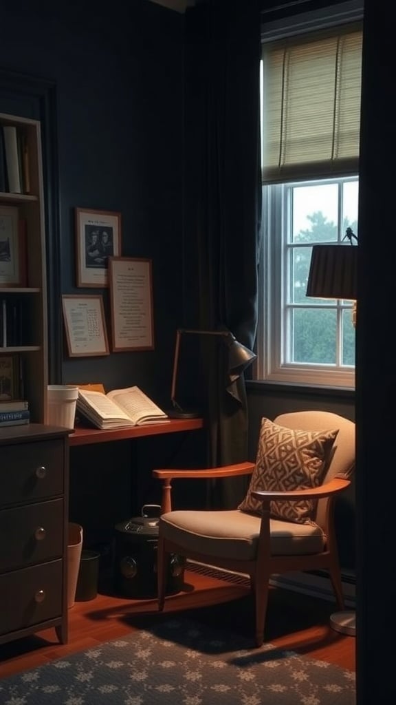Cozy reading nook with a chair, small table, and books in a navy blue room