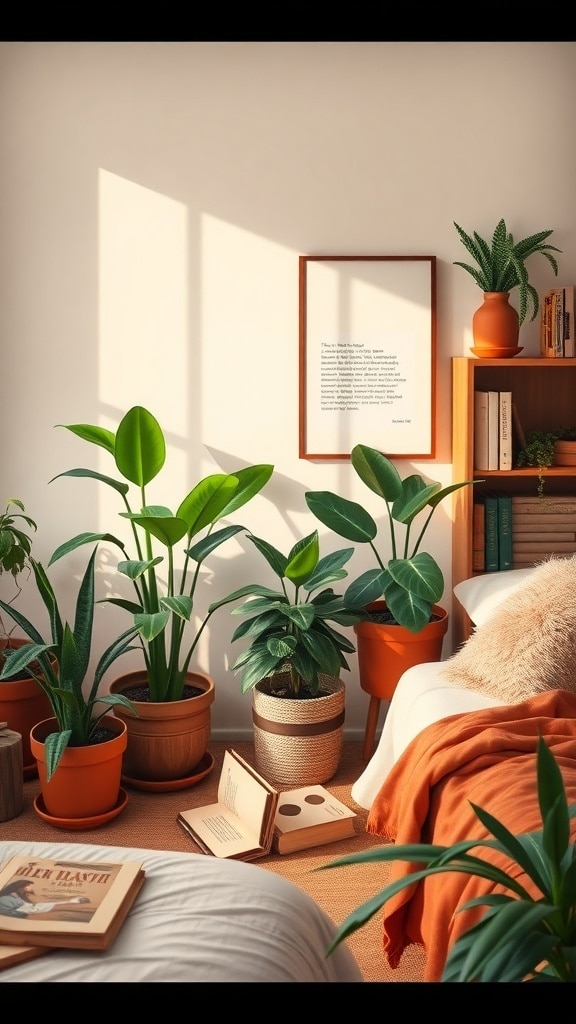 A cozy dorm room with various plants in burnt sienna pots, warm bedding, and natural light.