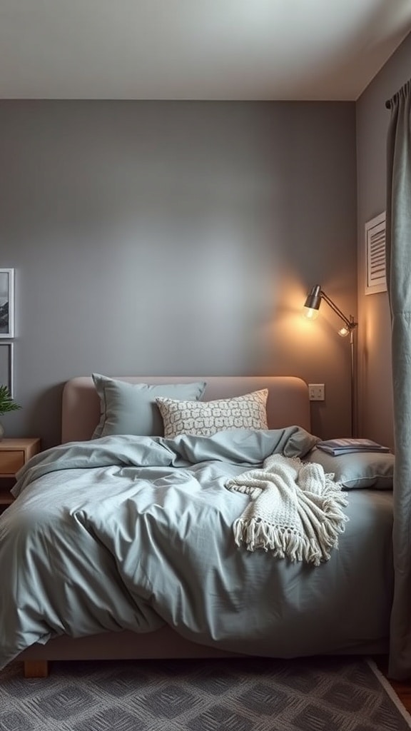 Cozy gray bedding with textured throw and pillows in a modern dorm room