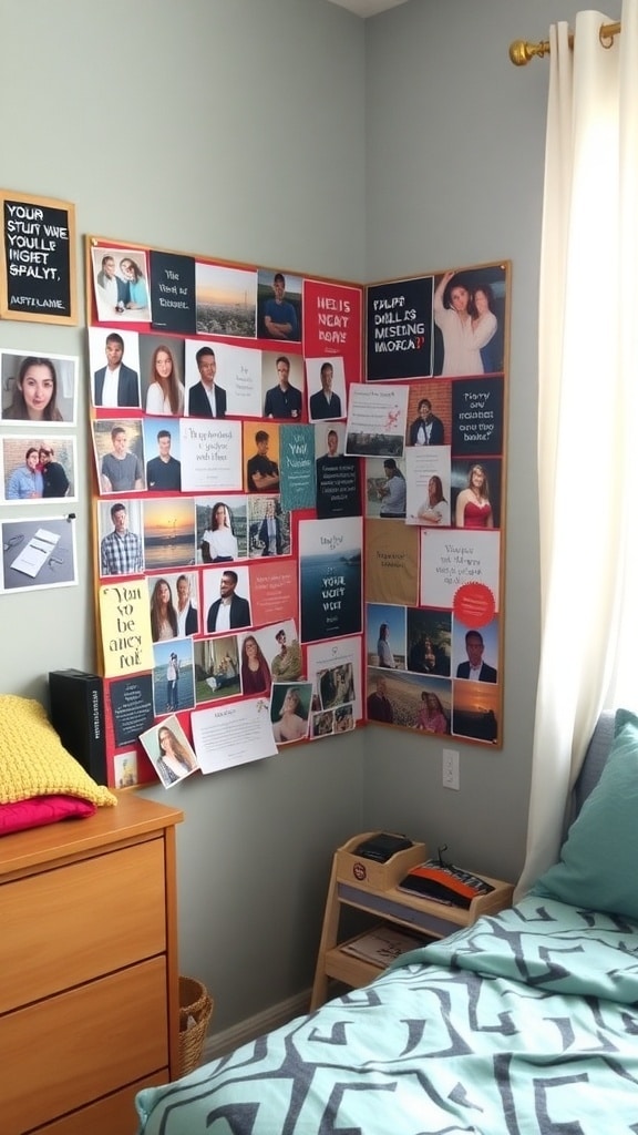 A mood board filled with photos and quotes pinned to a wall in a cozy dorm room.