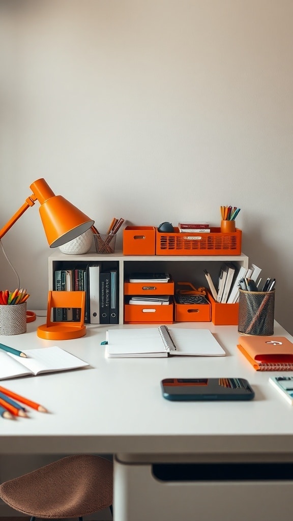 A desk with rust orange accessories including a lamp, storage boxes, and stationery.