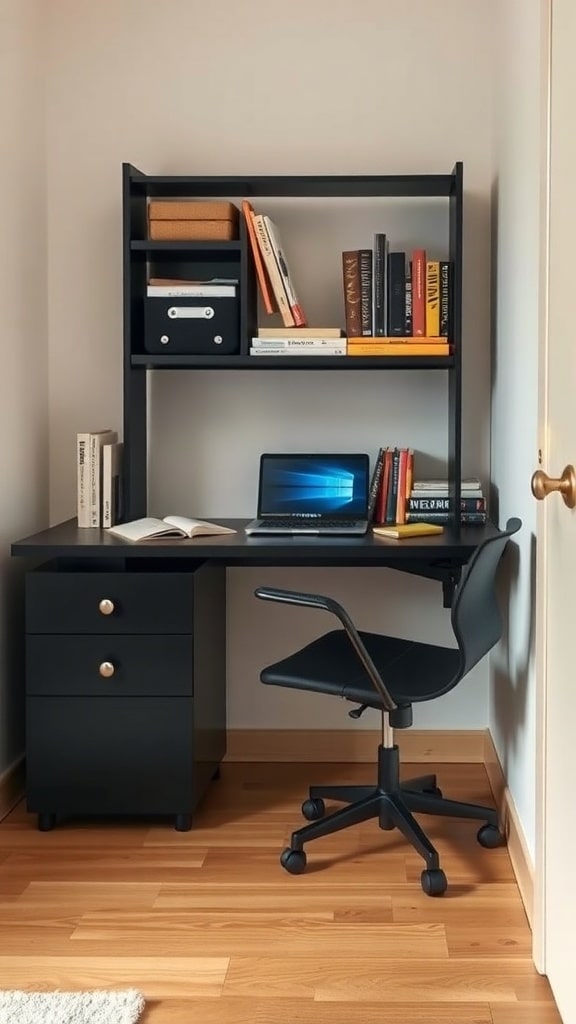 A minimalist black desk with a shelf and a chair in a dorm room setting.