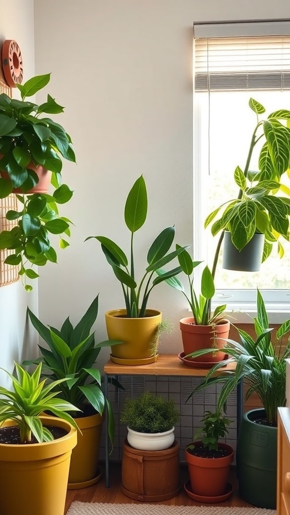 A cozy corner of a dorm room filled with various potted plants in different colors and sizes.