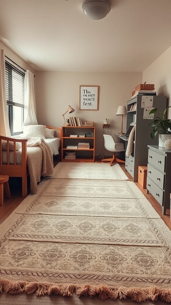 A cozy dorm room featuring a layered rug, a bed, a desk, and warm decor.