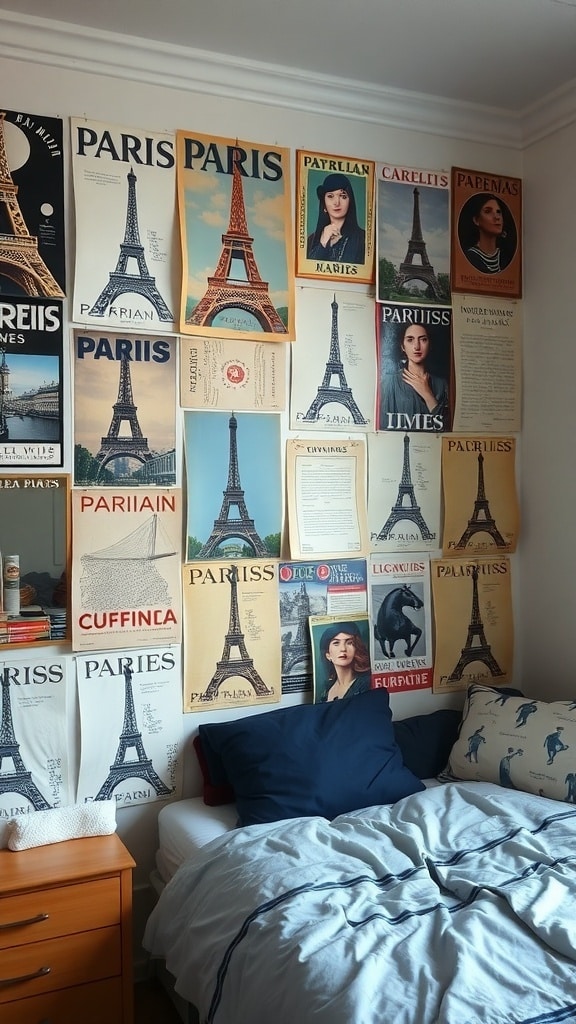A wall covered with vintage Parisian posters featuring the Eiffel Tower and various designs, alongside a neatly made bed in a navy blue dorm room.