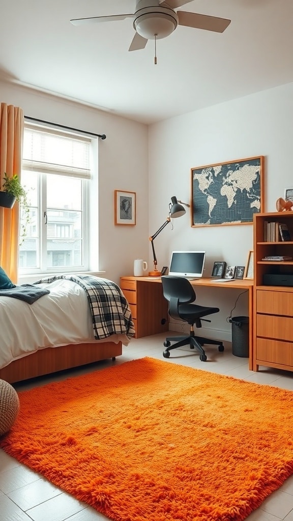 A cozy dorm room featuring a vibrant orange area rug, wooden furniture, and a bright window.