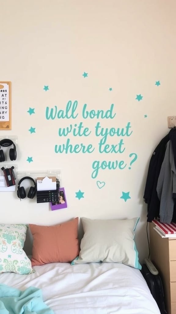Mint wall decals with a playful phrase and star designs on a dorm room wall