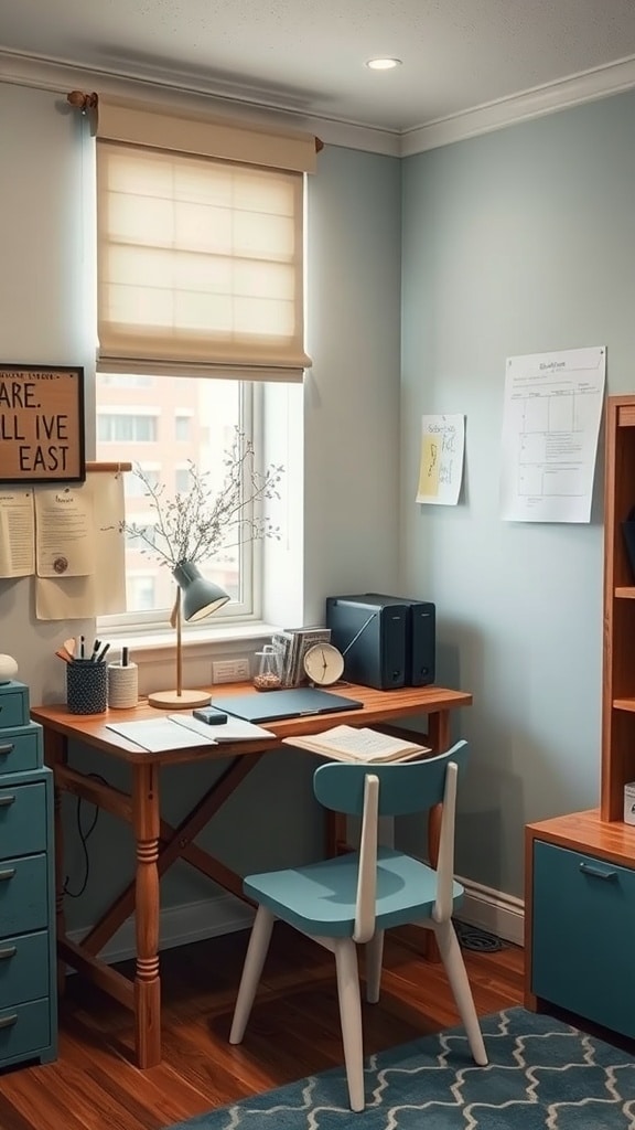 A rustic study nook with a wooden desk, blue chair, and light blue walls.