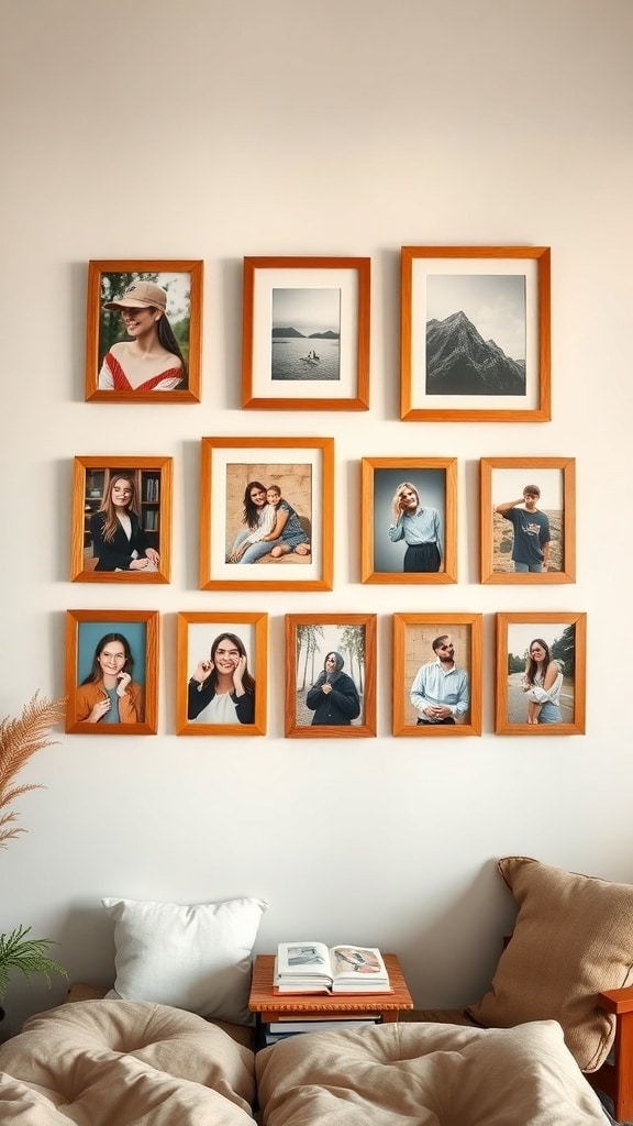 A wall-mounted photo gallery with caramel-colored frames featuring various portraits and scenic images.