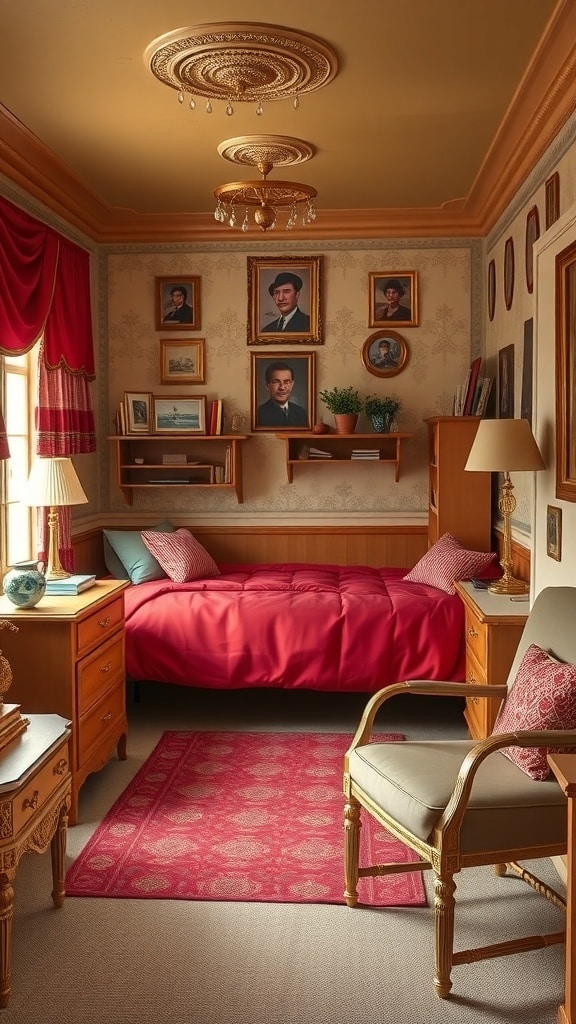A vintage glam dorm room featuring gold accents, red bedding, and framed portraits.
