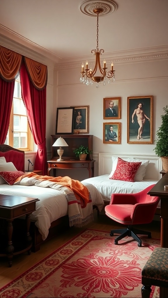 A stylish dorm room featuring red velvet curtains, classic portraits, and elegant furnishings.