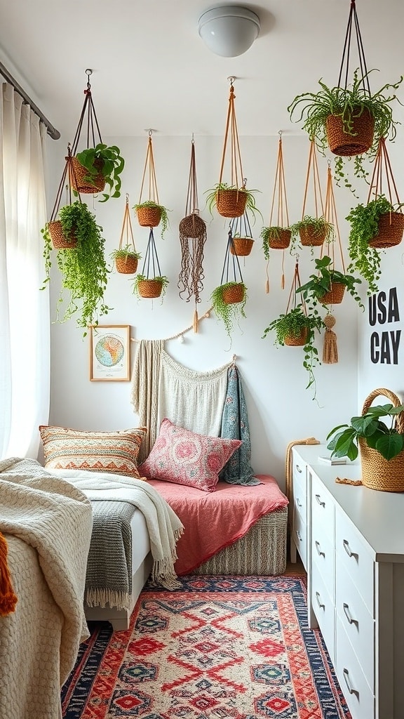 A cozy dorm room featuring a bed with layered blankets, decorative pillows, hanging plants, and a patterned area rug.