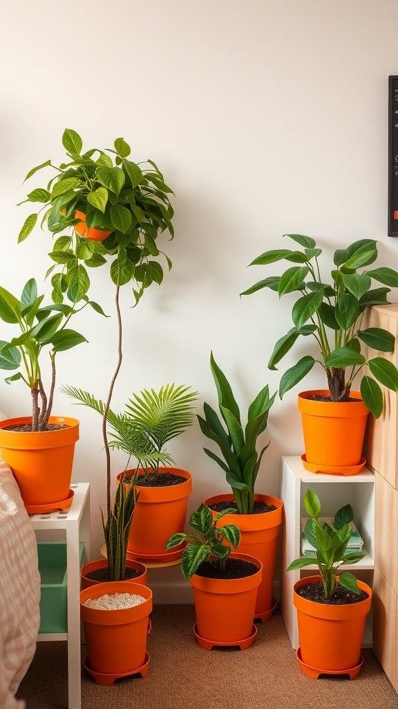 A collection of green plants in orange pots arranged in a dorm room.