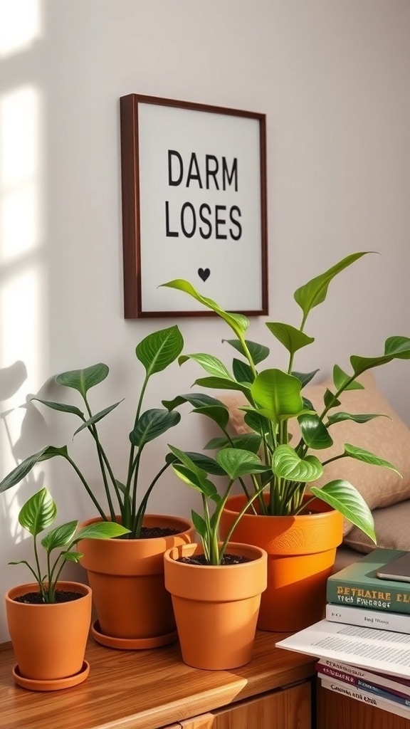 A cozy dorm room setup featuring various plants in terracotta pots, with a framed quote on the wall.