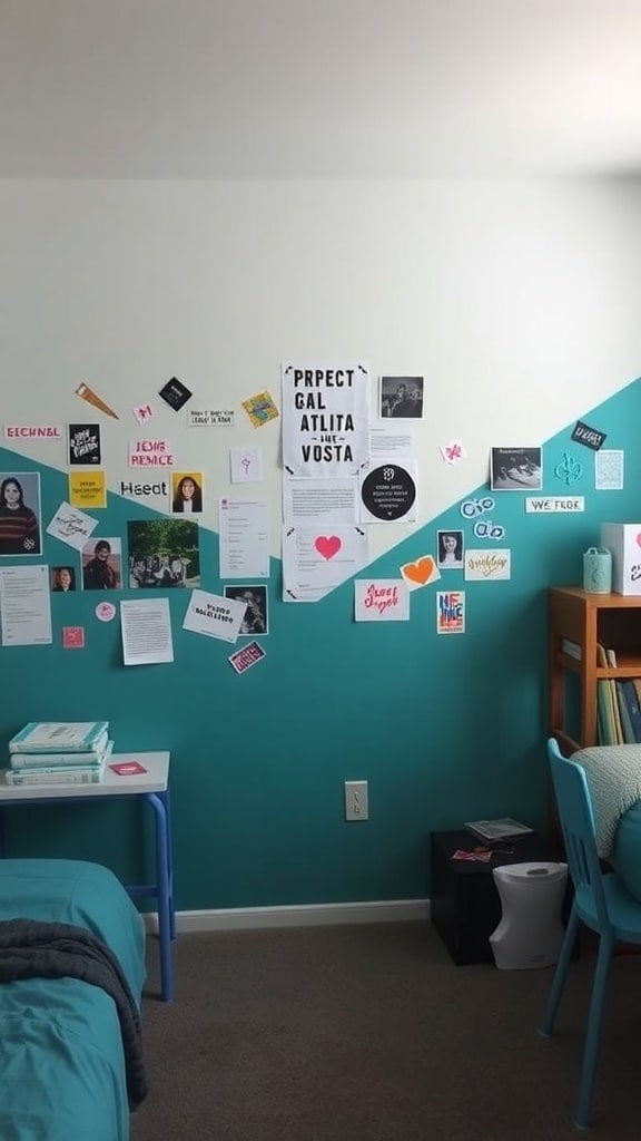 A teal accent wall in a dorm room decorated with posters and notes.