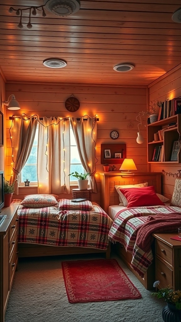 A cozy dorm room with wooden walls, fairy lights, plaid blankets, and a warm atmosphere.