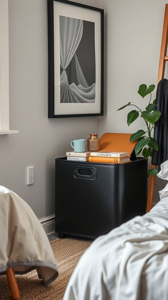 A compact black storage bin in a minimalist dorm room setting.