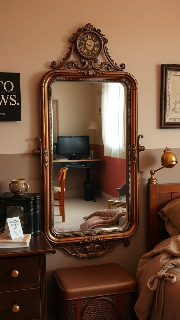 A vintage mirror with an ornate frame and clock detail, reflecting a cozy dorm room.