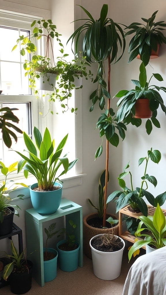 A collection of indoor plants in various pots, enhancing a teal-themed dorm room.