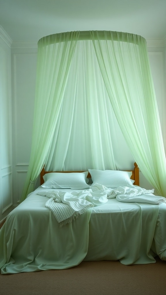 A serene dorm room featuring a sage green bed canopy draped over a neatly made bed.