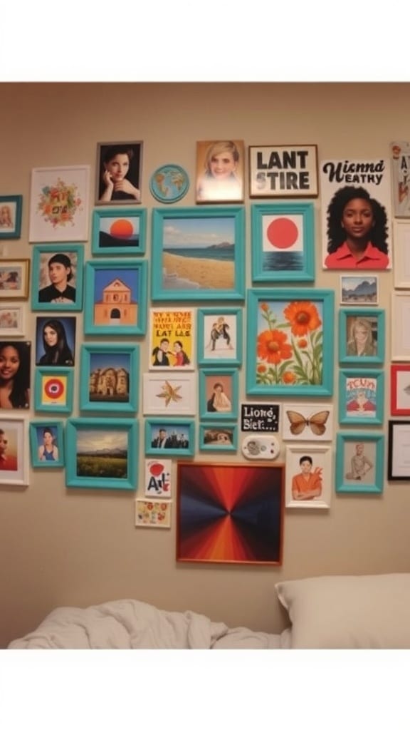 An eclectic wall art gallery featuring various framed artworks in teal frames, showcasing a mix of styles and colors.