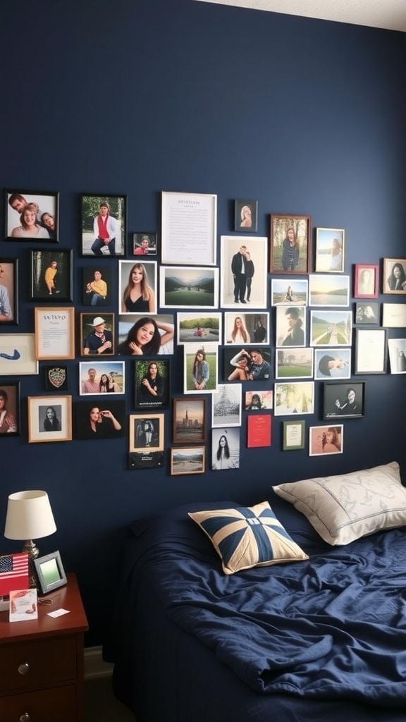 A personalized photo gallery on a navy blue wall featuring various framed photos and a cozy bed.