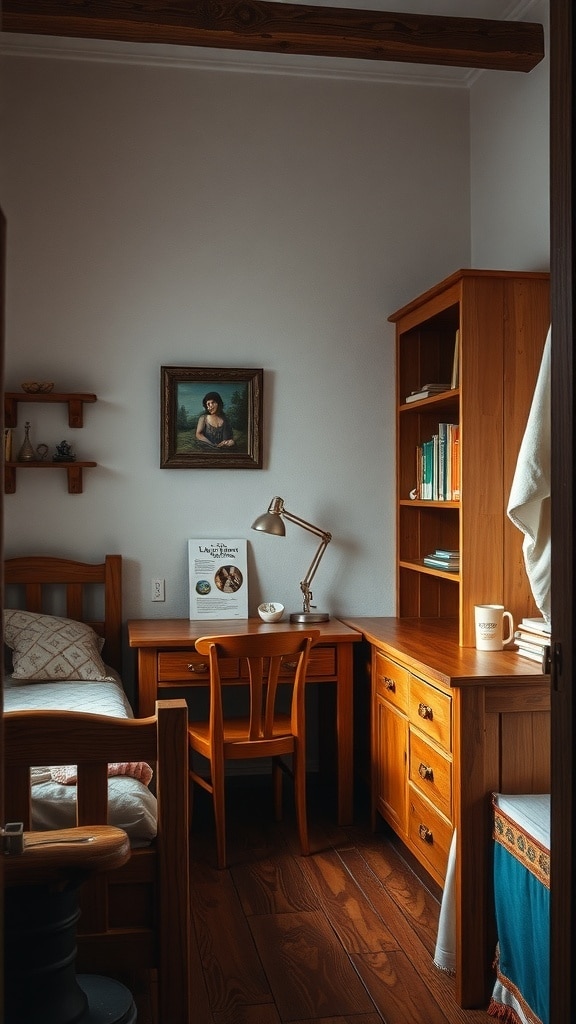 A cozy dorm room featuring rustic wooden furniture, including a bed, desk, and shelves, with warm tones and a welcoming atmosphere.