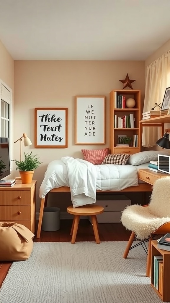 A cozy dorm room featuring caramel and cream color combinations, with warm wooden furniture, soft bedding, and decorative plants.